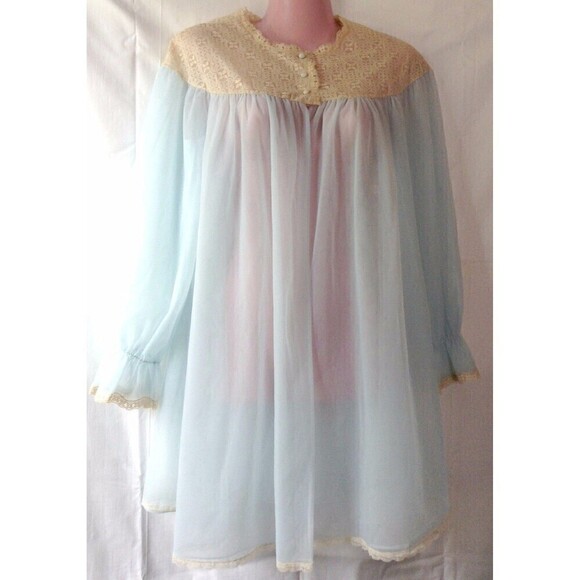 Vtg Vanity Fair Women's Robe Dressing Gown Small Sheer Blue Double Chiffon - Picture 1 of 5